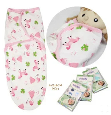 Pink and white cotton swaddle blanket with animal print, soft fabric, snug infant fit.