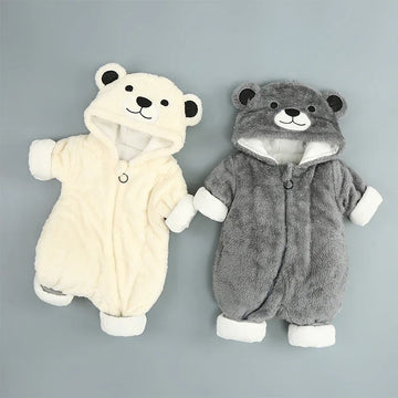 Plush baby onesies in cream and gray, bear hooded, soft faux fur, relaxed fit