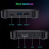 Black tech device showing ports: TF card, USB 3.0, USB 2.0, AV, HDMI, LAN, and DC 5V.