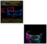 LED futuristic visor glasses with glowing blue and pink lights, clear acrylic material, geometric pattern, adjustable fit, tech streetwear accessory