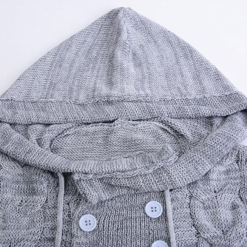 Light gray knit hooded sweater with cable pattern and button details, relaxed fit