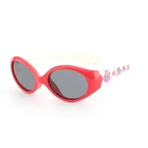 Red oval sunglasses with black lenses and white arms, featuring playful cartoon accents