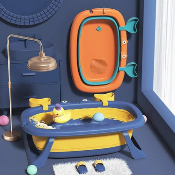 Colorful foldable plastic baby bathtub in blue and yellow with animal design, filled with water and toys.