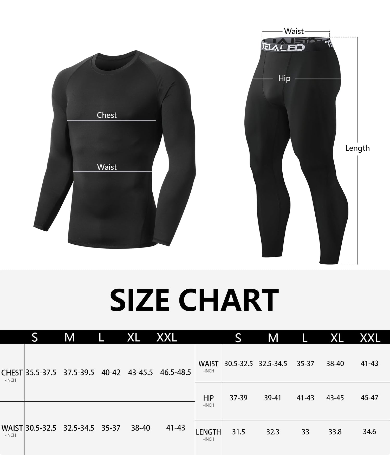 TELALEO 2 Set Mens Thermal Underwear fleece-lined black long sleeve shirt and pants size chart for cold weather base layer