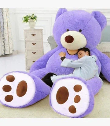 Oversized plush purple teddy bear with soft faux fur and large paw details, child hugging it