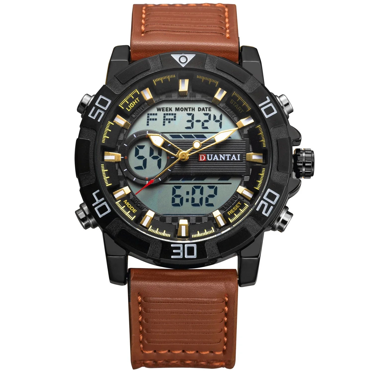 Black and gold digital-analog wristwatch with brown stitched leather band and large face