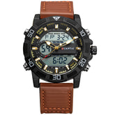 Black and gold digital-analog wristwatch with brown stitched leather band and large face