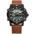 Black and gold digital-analog wristwatch with brown stitched leather band and large face