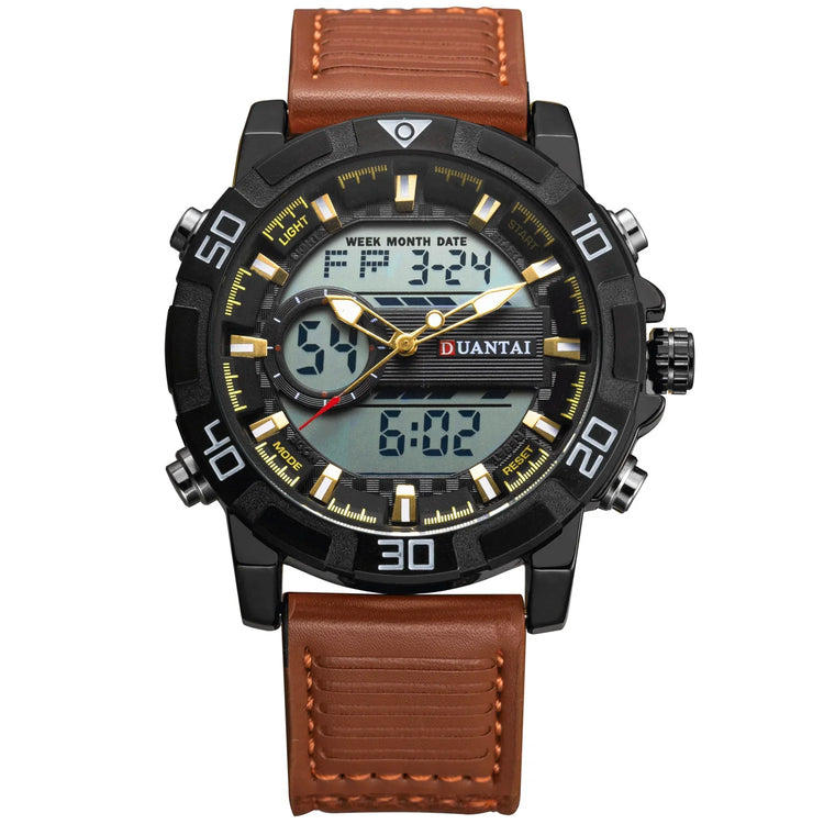 Black and gold digital-analog wristwatch with brown stitched leather band and large face