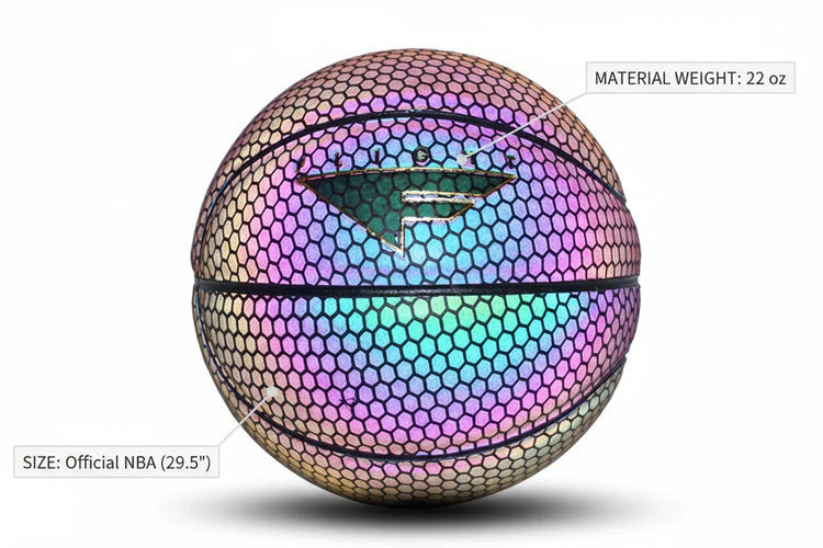 Reflective holographic basketball with hexagon texture, rainbow color, official NBA size and weight