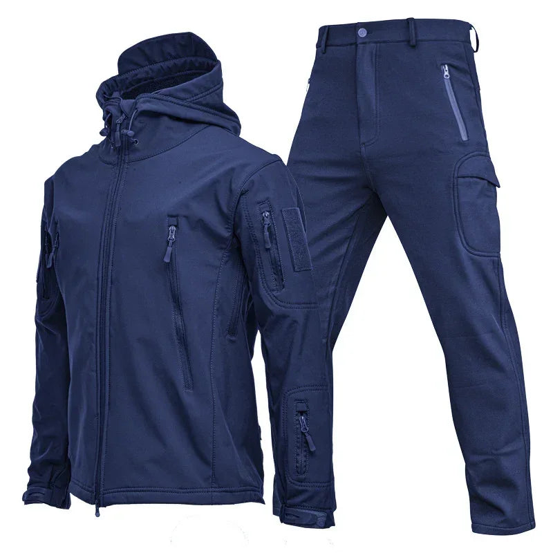Navy blue tactical softshell jacket and cargo pants set with zip pockets, slim fit