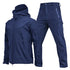 Navy blue tactical softshell jacket and cargo pants set with zip pockets, slim fit