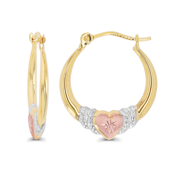 14K gold solid tricolor heart diamond cut hoop earrings for women