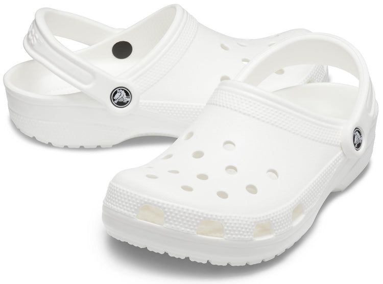 White Crocs Unisex-Adult Classic Clogs with ventilation holes and pivoting heel straps