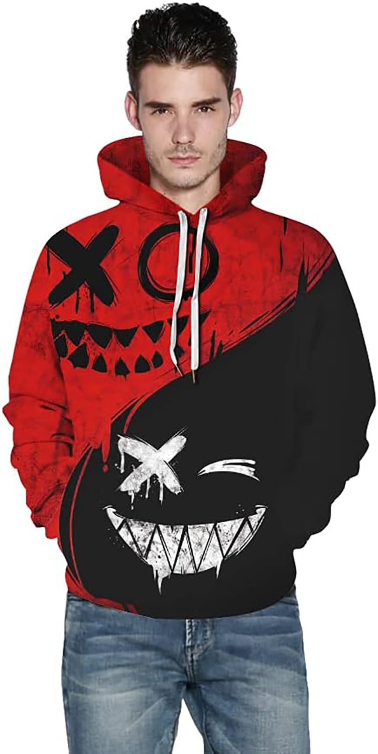 Basoteeuo Mens Hoodies Pullover Graphic Design 3D Cool Novelty Long Sleeves Hooded Sweatshirts with Pockets Red Black S