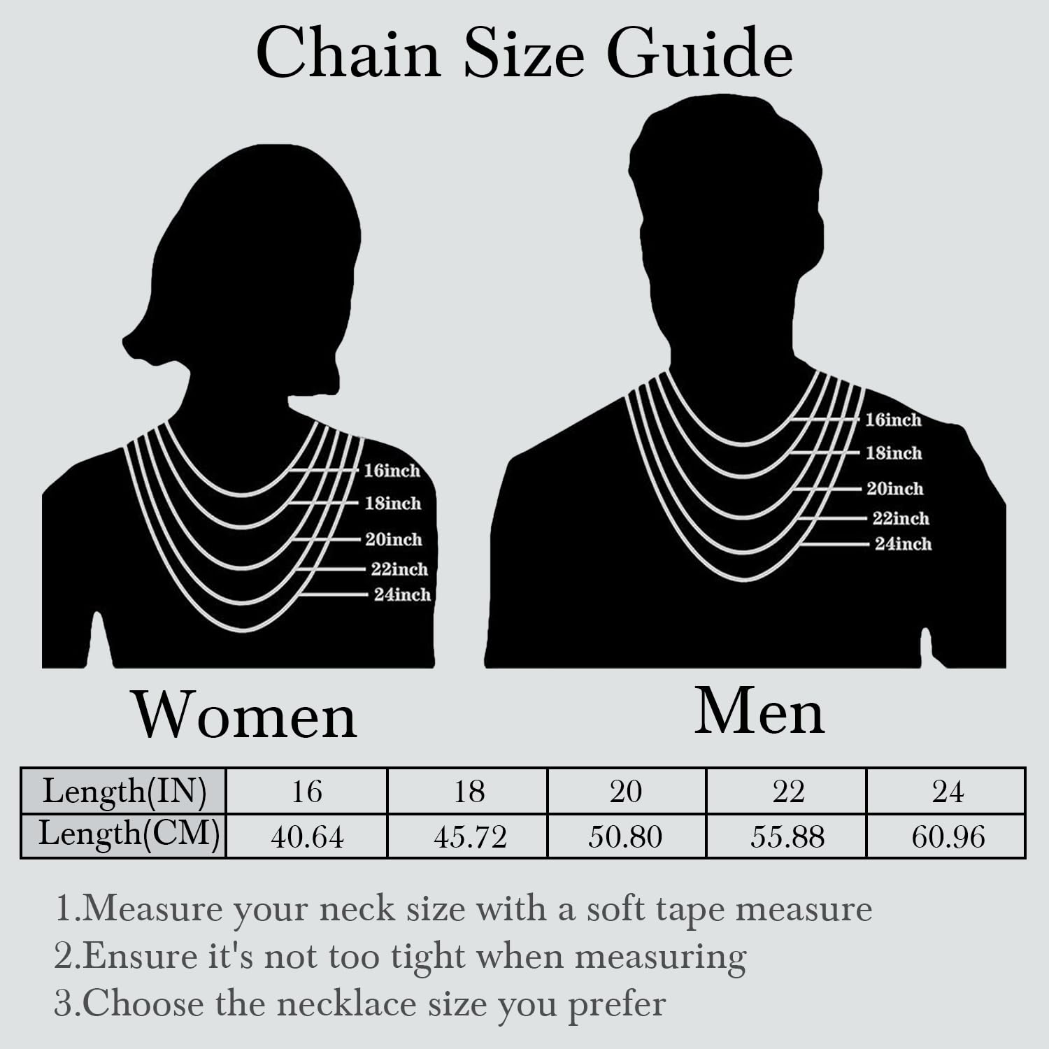 14K gold Cuban link chain size guide for men and women showing necklace lengths 16 to 24 inches