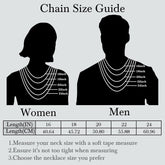 14K gold Cuban link chain size guide for men and women showing necklace lengths 16 to 24 inches