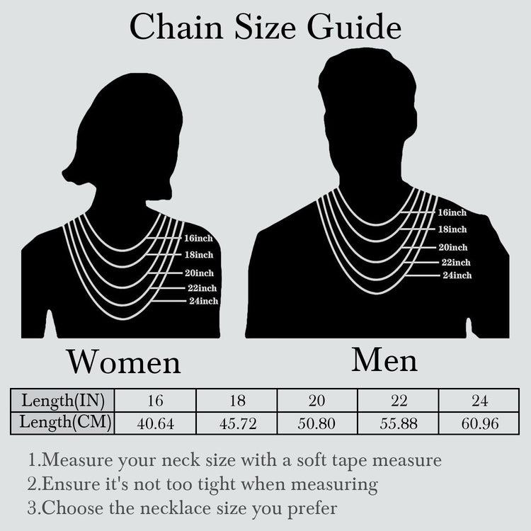14K gold Cuban link chain size guide for men and women showing necklace lengths 16 to 24 inches