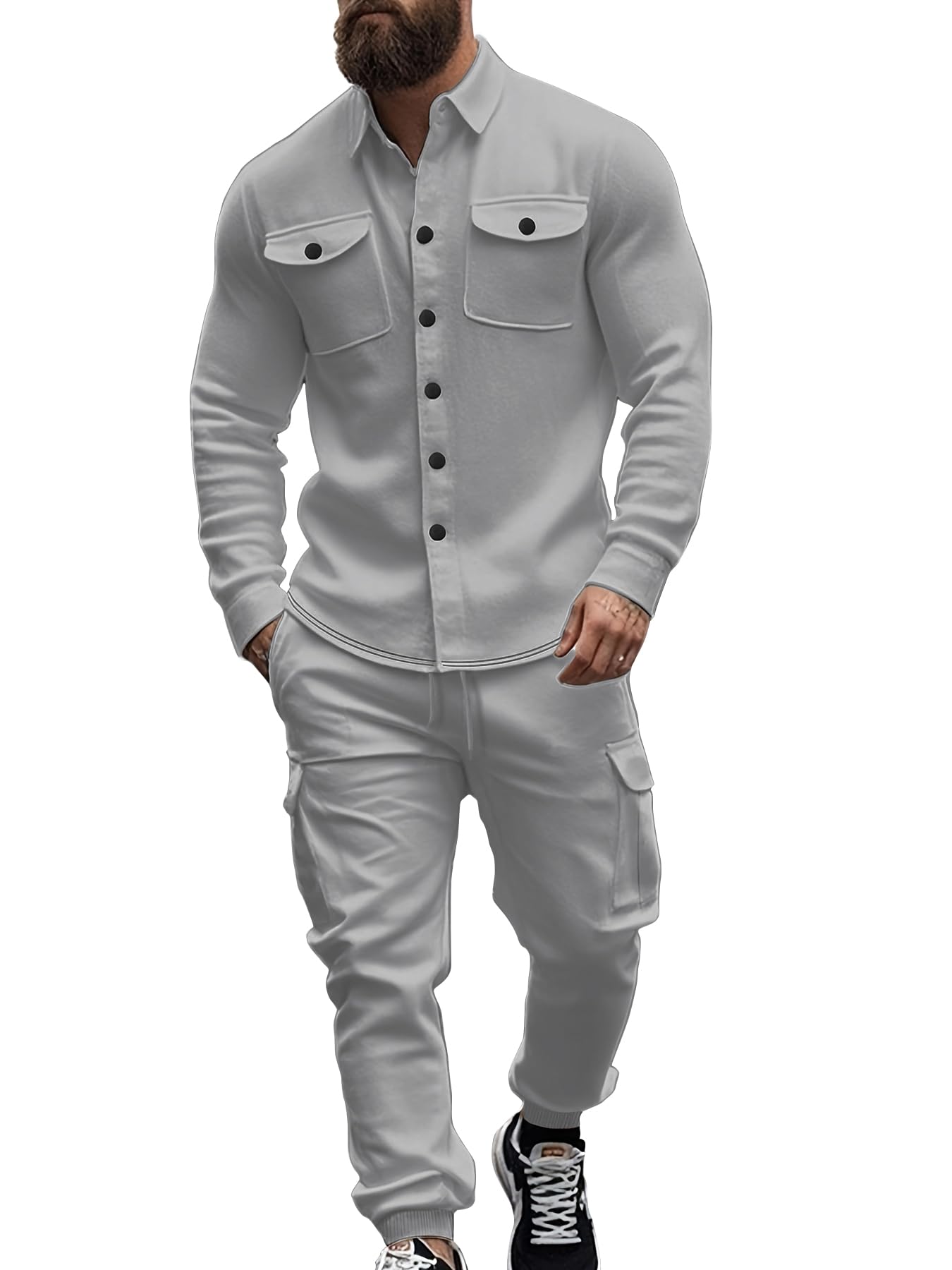 Riskrole Men's Fleece Cargo Jacket Tracksuit Set 2 Pieces Solid Color Long Sleeve Button up Jacket and Cargo Pants Set