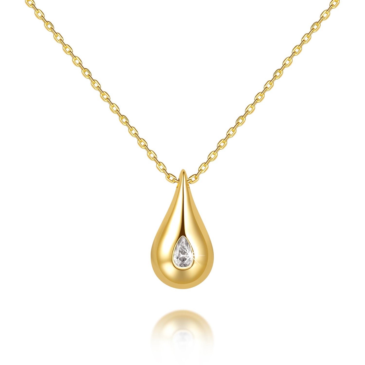 14K gold teardrop pendant necklace for women with cubic zirconia sparkle on delicate chain
