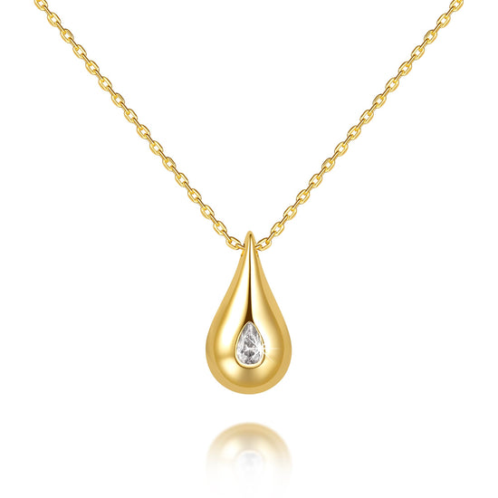 14K gold teardrop pendant necklace for women with cubic zirconia sparkle on delicate chain