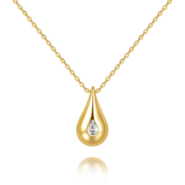 14K gold teardrop pendant necklace for women with cubic zirconia sparkle on delicate chain