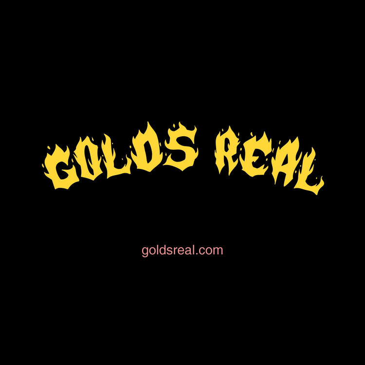 Golds Real logo in yellow flame-style font on black background