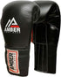 Black synthetic leather boxing gloves with red and white accents, secure fit, curved design.