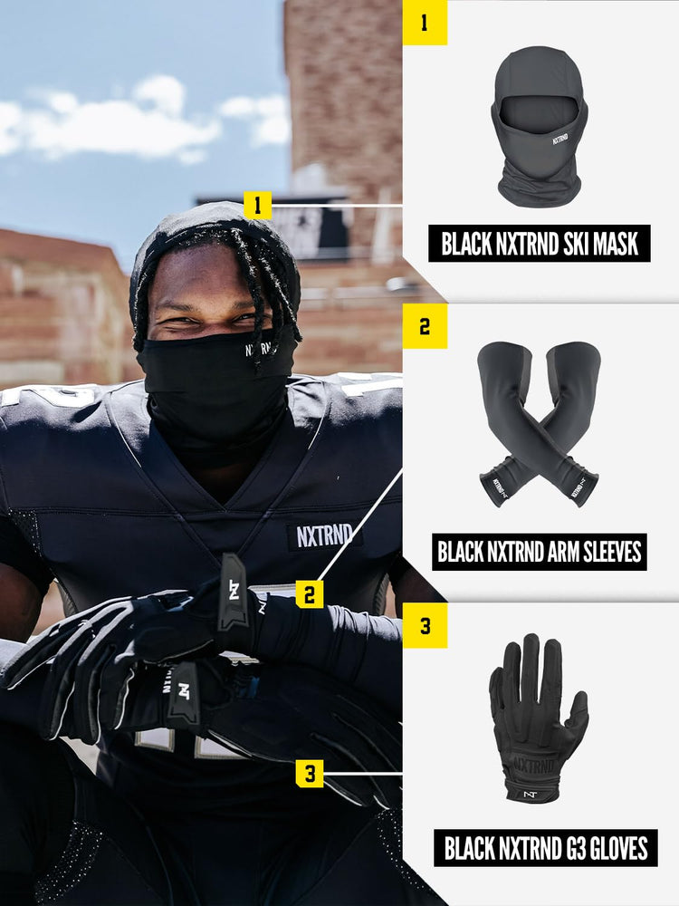 Black Nxtrnd Football Ski Mask with cooling, breathable fabric and secure fit for year-round sports use
