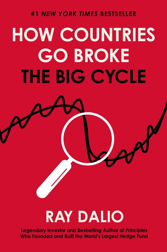 How Countries Go Broke book cover by Ray Dalio with red background and magnifying glass illustration