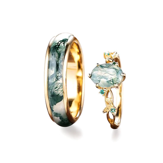Rikelus Natural Moss Agate Wedding Rings for Couple, S925 10K 14K 18K Gold Couple Rings Customized Promise Bands Sets for Him and Her for Anniversary Engagement Wedding-04