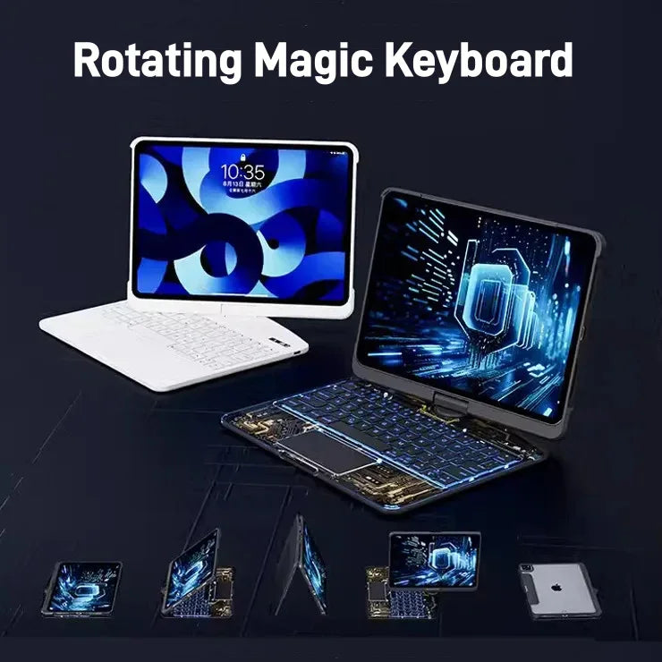 Futuristic rotating magic keyboard cases with backlit keys for tablets, white and black options