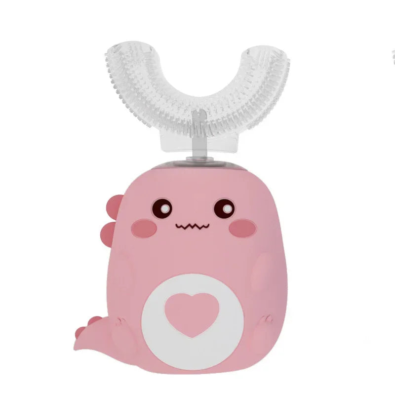 Pink silicone dinosaur-shaped kids toothbrush with U-shaped brush head