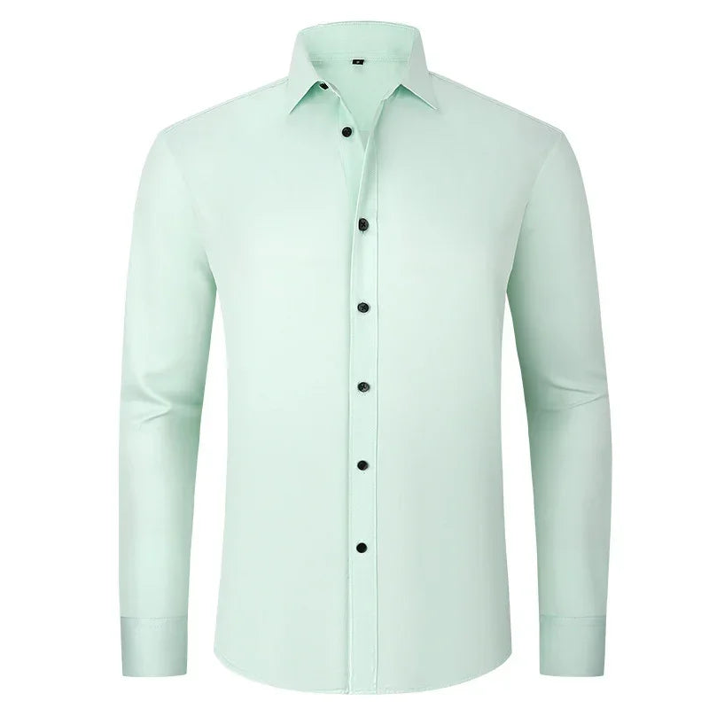 Men's slim fit light mint green button-up shirt with long sleeves and black buttons