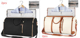 Two large duffle bags, one black and one beige with brown trim, shown with garment storage compartments and matching hanging shirts, plus small zippered accessory pouches.