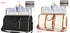 Two large duffle bags, one black and one beige with brown trim, shown with garment storage compartments and matching hanging shirts, plus small zippered accessory pouches.