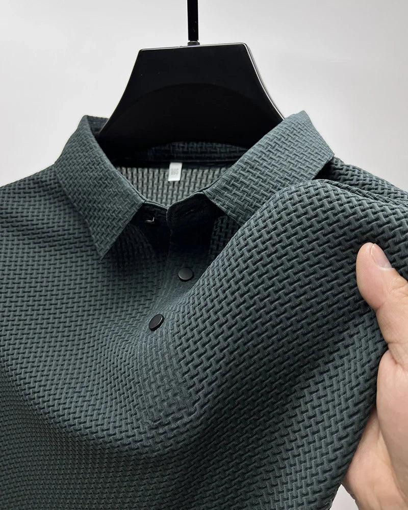 Textured dark green waffle knit button-up shirt with structured collar, modern fit