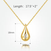 14K gold teardrop necklace with cubic zirconia pendant for women, polished finish, 18mm x 9.6mm, 17.5"+2" chain length