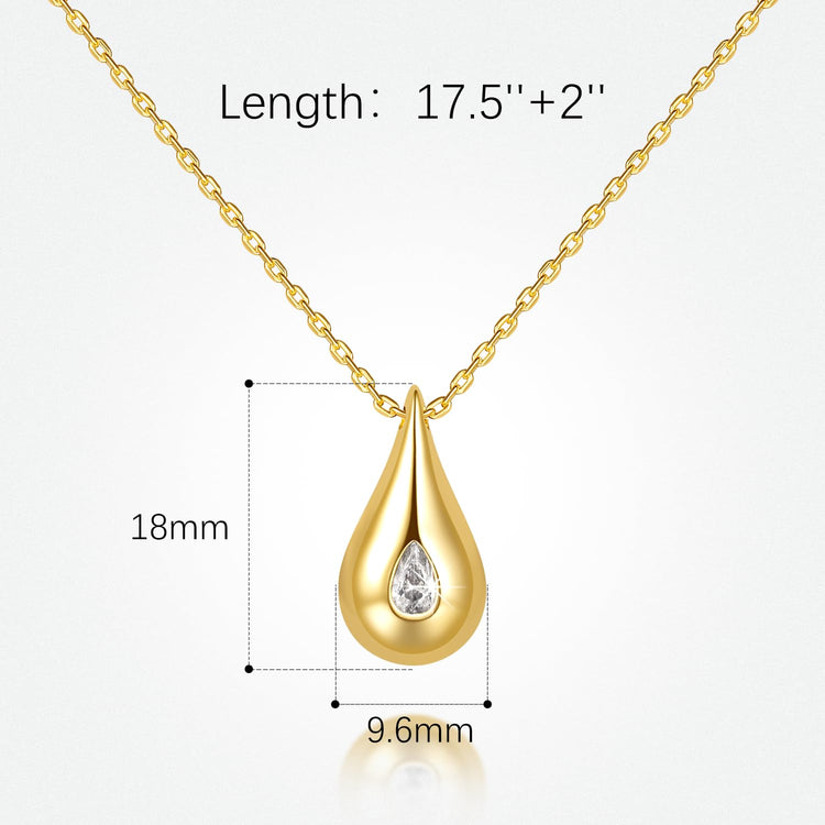 14K gold teardrop necklace with cubic zirconia pendant for women, polished finish, 18mm x 9.6mm, 17.5"+2" chain length