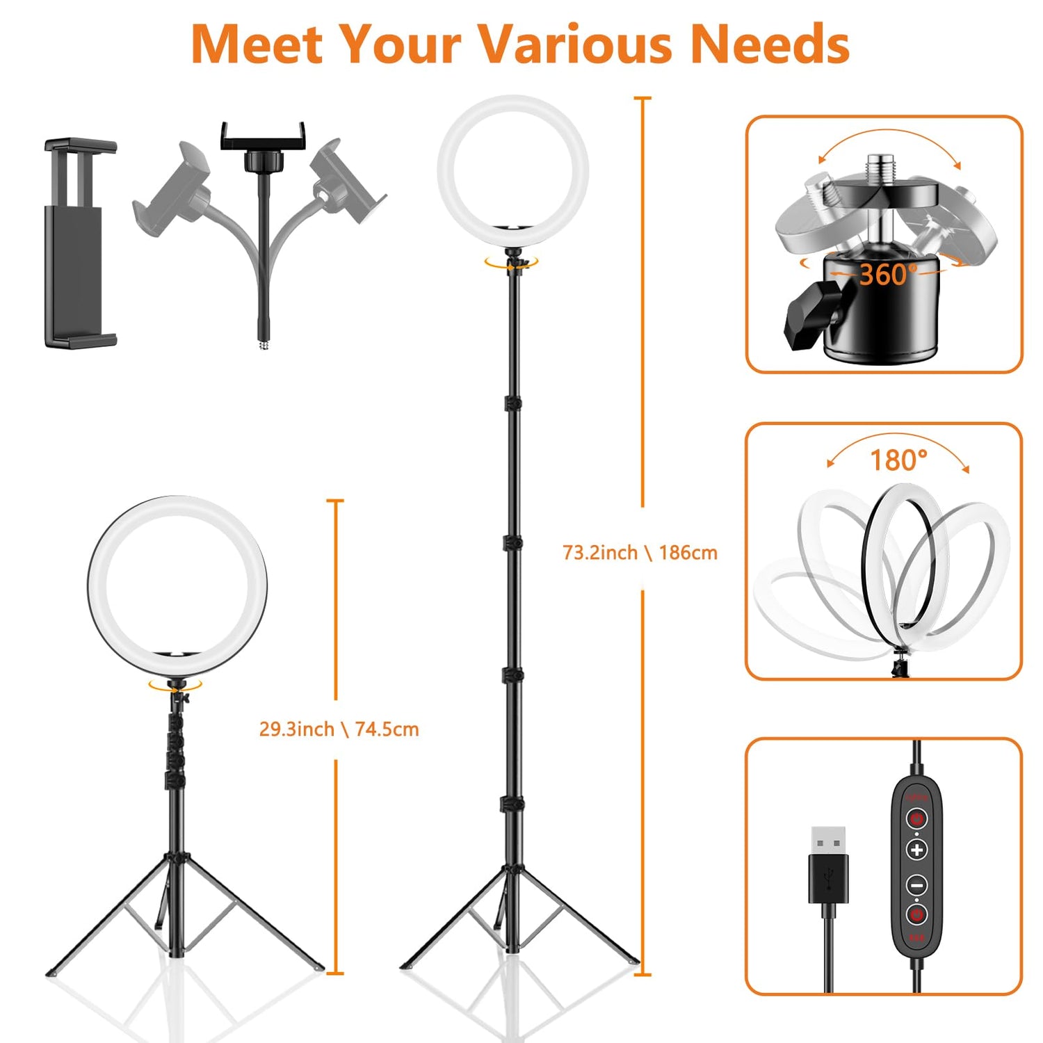 12-inch selfie ring light with 73-inch adjustable tripod stand and multiple phone holders, featuring 26 color modes and USB remote control.