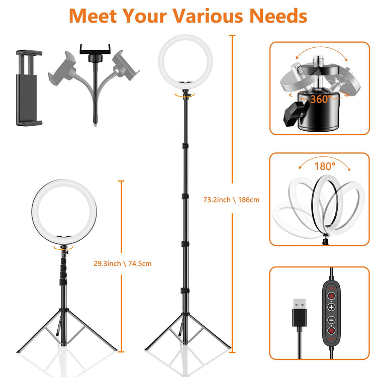 12-inch selfie ring light with 73-inch adjustable tripod stand and multiple phone holders, featuring 26 color modes and USB remote control.