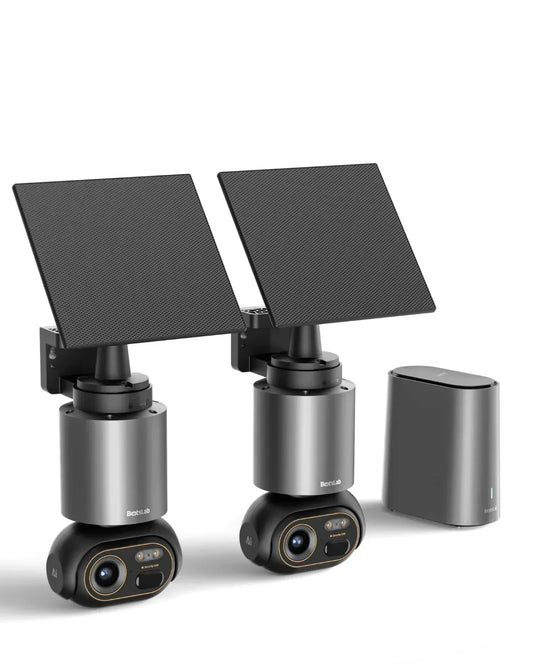 No clothing in image; features two solar-powered security cameras with sleek metallic design.