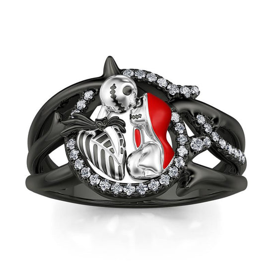Jeulia Gothic Skull Diamond Rings: Sterling Silver Jack and Sally Skeleton Rings Band Halloween Romantic Nightmare Jewelry for Her Engagement Anniversary Christmas with Gifts Box (Everlasting Love, 7)