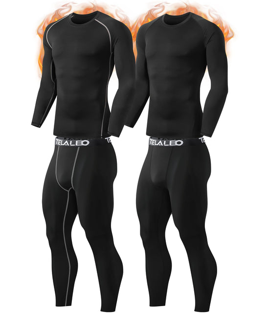 TELALEO 2 Set Mens Thermal Underwear black fleece-lined long johns with long sleeve shirts for cold weather