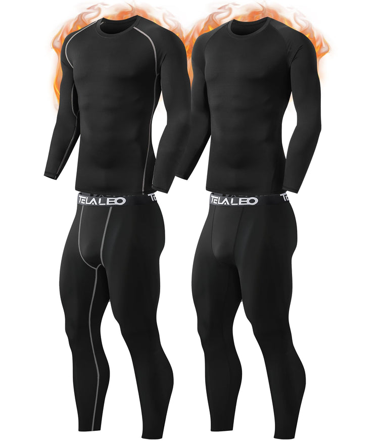 TELALEO 2 Set Mens Thermal Underwear black fleece-lined long johns with long sleeve shirts for cold weather