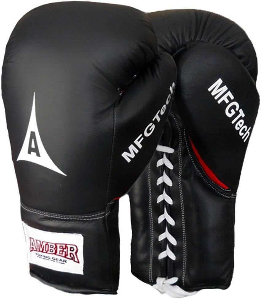 Black leather boxing gloves with lace-up closure and white stitching, padded fit
