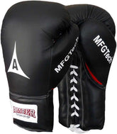 Black leather boxing gloves with lace-up closure and white stitching, padded fit