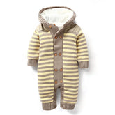 Beige and yellow striped knit baby jumpsuit with hood, button-up front, and soft lining.