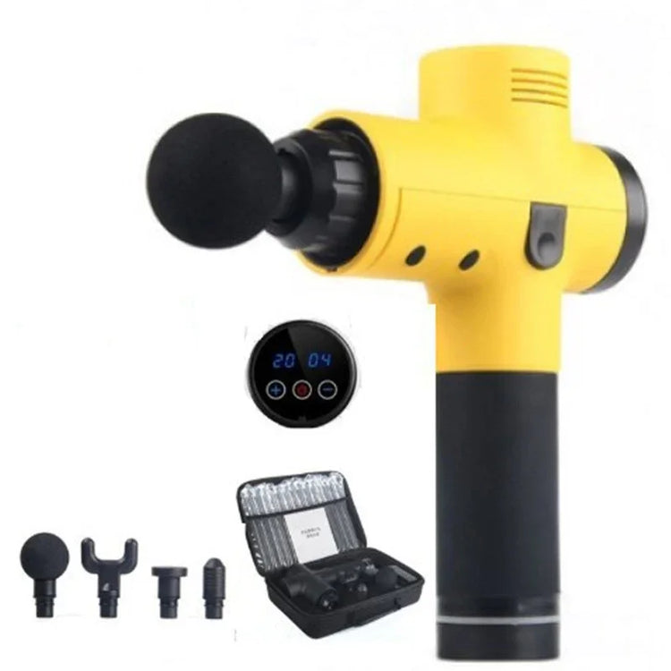 Yellow handheld massage gun with black grip, multiple attachments, and carrying case.