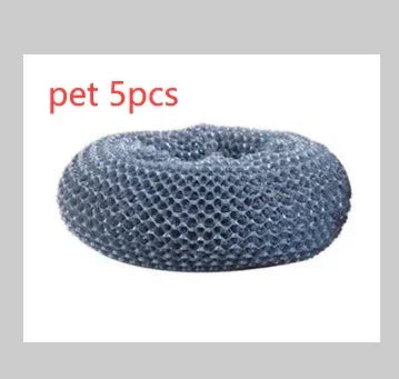 Round gray mesh pet scrubber pad, durable cleaning accessory, shown in a set of 5 pieces.